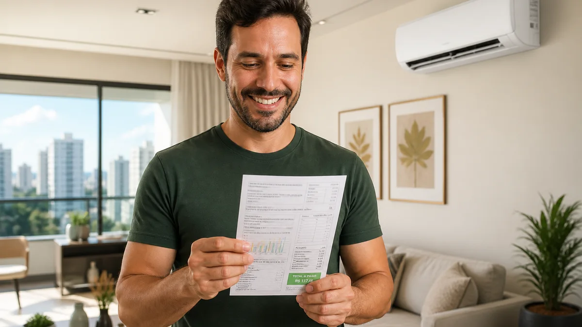Homem em sala brasileira segura a conta de luz com expressão aliviada enquanto o ar-condicionado split inverter na parede climatiza o ambiente em Goiânia.