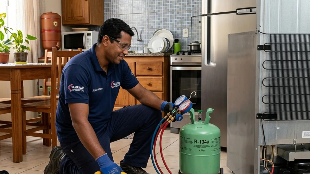 Técnico de refrigeração da Goiânia Refrigeração utilizando bomba de vácuo e cilindro de gás para realizar a recarga em uma geladeira