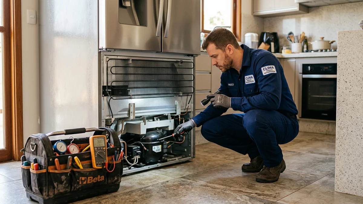 Técnico de refrigeração de uniforme azul agachado vistoriando motor e placa de geladeira grande na cozinha.