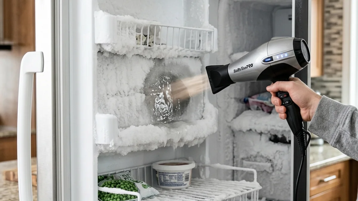 Mão usando secador de cabelo em temperatura baixa para derreter gelo acumulado nas paredes internas de um freezer doméstico aberto em cozinha brasileira.