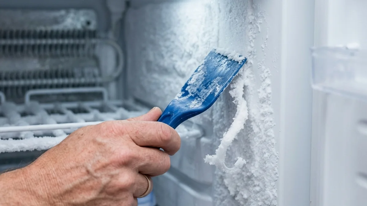 Mão usando espátula plástica para remover gelo do freezer