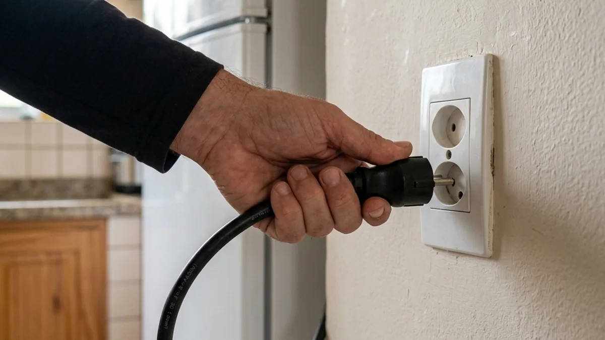 Tomada de energia na parede com o cabo grosso de uma geladeira sendo segurado e desconectado por uma mão, ilustrando o processo de reset elétrico do aparelho.
