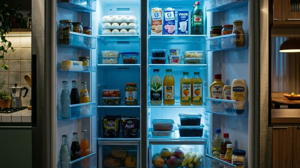 Geladeira moderna de duas portas aberta exibindo prateleiras iluminadas com luz azul fria e alimentos organizados no interior