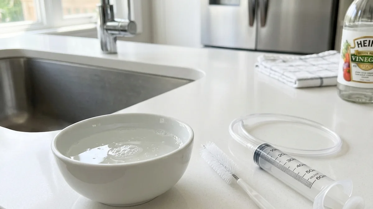 Pequena escova de cerdas finas e seringa ao lado de uma tigela com água e vinagre branco em uma bancada de cozinha, ilustrando os materiais necessários para limpeza do dreno.