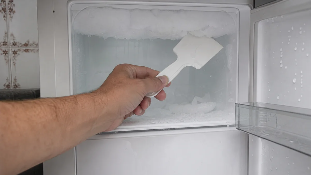 Mão usando espátula de plástico para remover gelo solto do interior de um freezer doméstico durante o degelo em cozinha brasileira