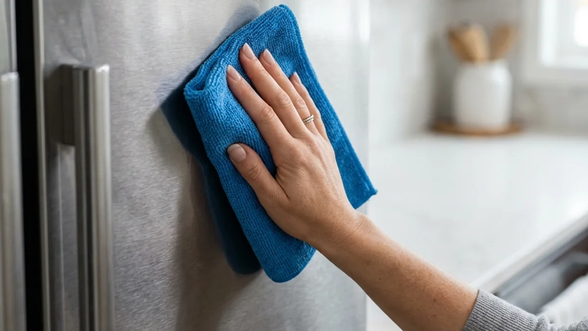 Mão usando pano de microfibra azul para limpar a porta escovada de uma geladeira de inox