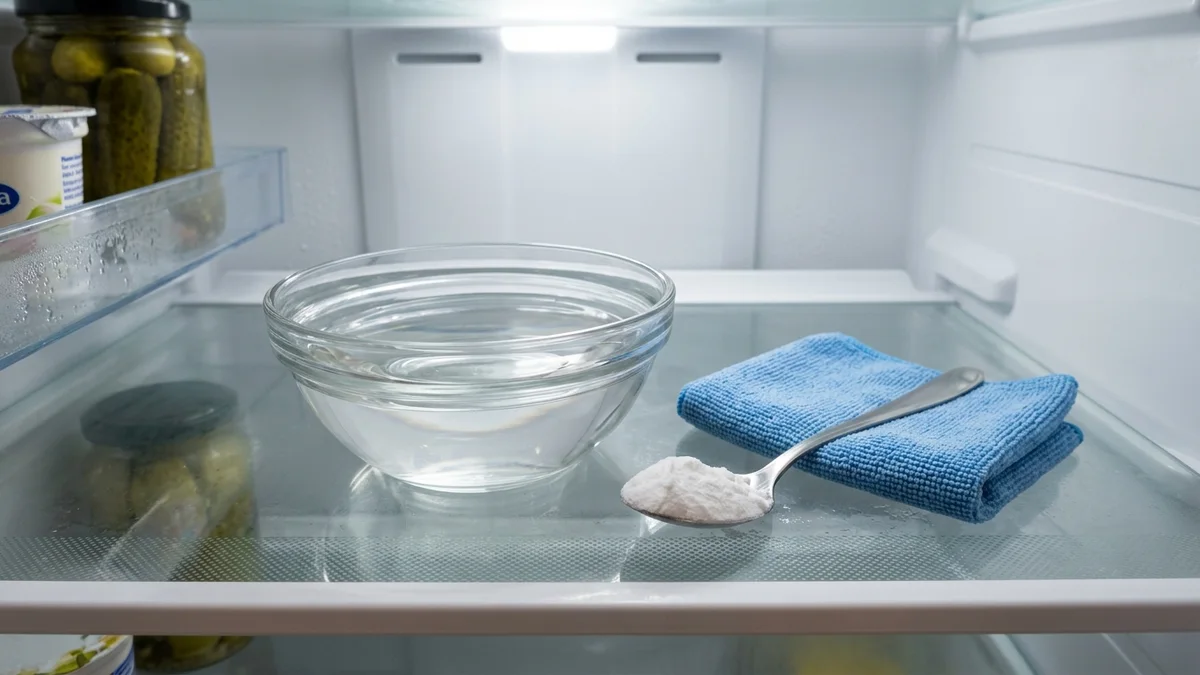 Tigela de vidro cheia de vinagre branco de limpeza caseira ao lado de colher cheia de bicarbonato, dentro de uma prateleira da geladeira.