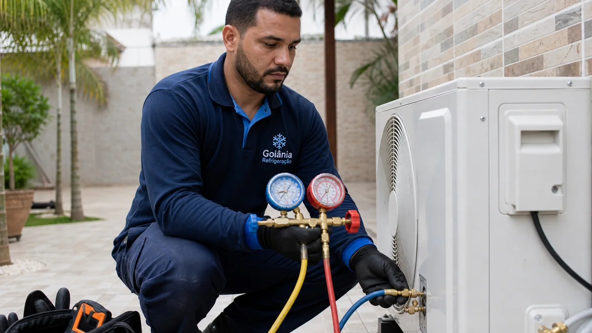 Técnico da Goiânia Refrigeração conecta manifold e manômetros na condensadora split residencial para recolher o fluido refrigerante antes da desinstalação.