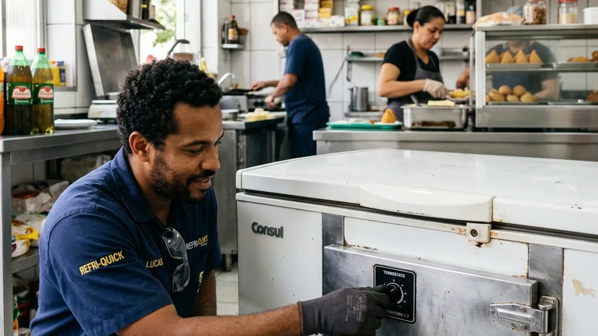 Técnico de refrigeração uniformizado ajustando cuidadosamente o botão do termostato de um freezer horizontal em uma lanchonete