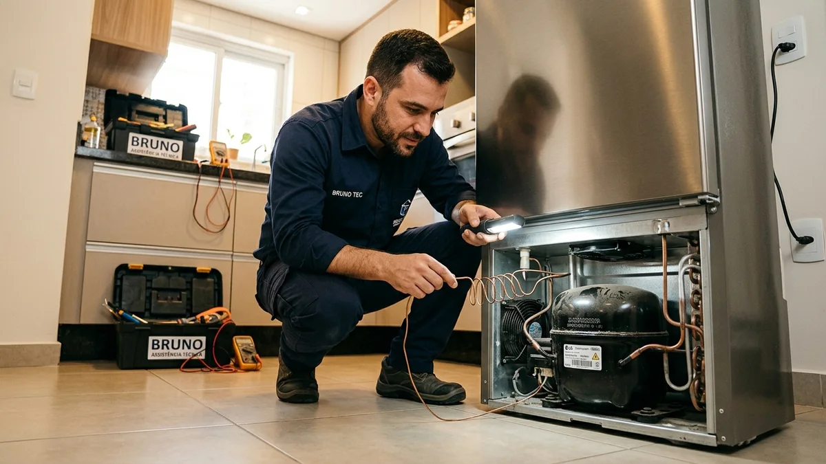 Profissional de manutenção de uniforme abaixado na cozinha segurando lanterna inspecionando o motor escuro e os fios expostos da geladeira