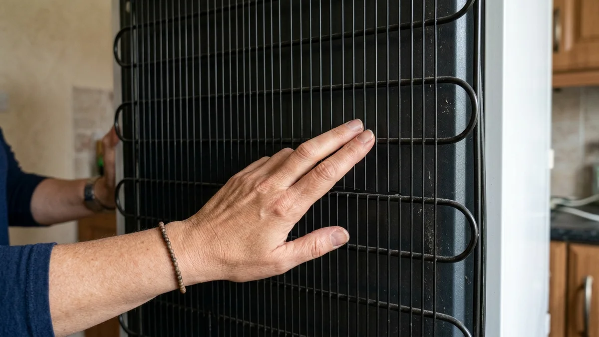 Mulher com pulseiras apoiando delicadamente as pontas dos dedos indicador e médio no entrelaçado preto da grade traseira da geladeira testando a presença de calor natural da tubulação