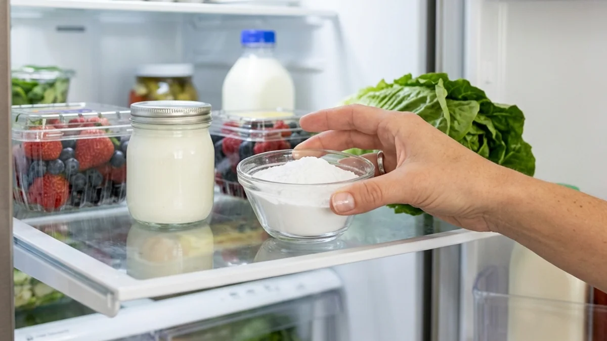 Geladeira aberta limpa com pote de bicarbonato