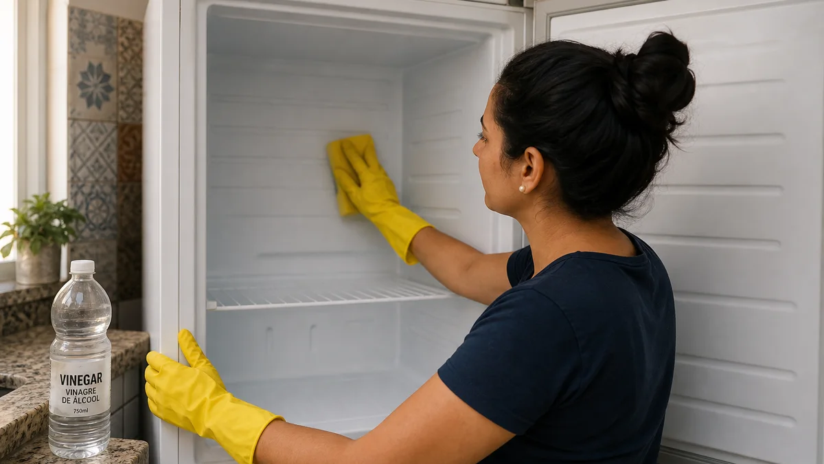 Mulher com luvas amarelas limpa o interior vazio de um freezer vertical após o degelo, com esponja e garrafa de vinagre no balcão de cozinha brasileira.