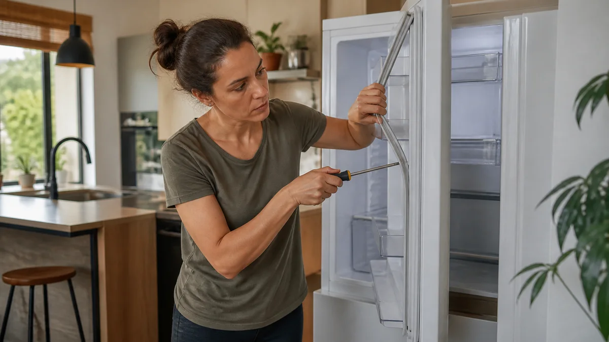 Mulher em cozinha brasileira instala nova borracha de vedação na porta da geladeira com chave de fenda, durante manutenção simples da gaxeta em Goiânia.