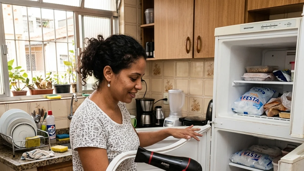 Mulher brasileira utilizando secador de cabelo para assentar a borracha nova da porta de seu freezer vertical