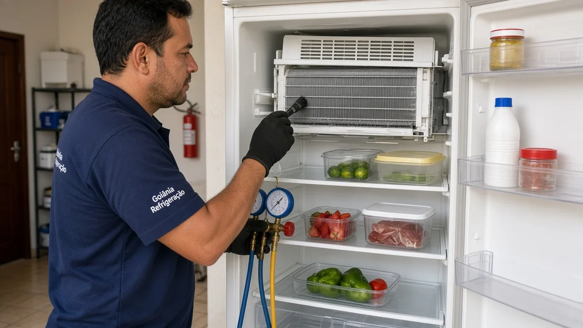 Detalhe de evaporador e prateleiras internas da geladeira aberta, em residência brasileira, com técnico Goiânia Refrigeração, materiais e ferramentas ao lado.