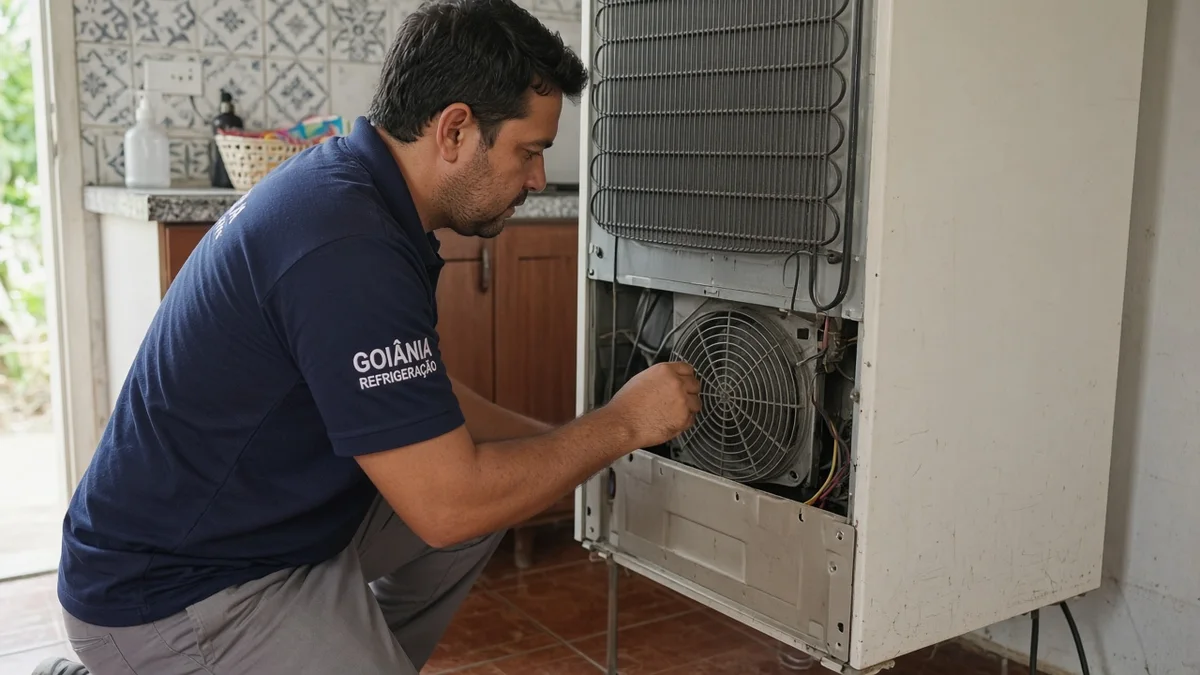 Técnico Goiânia Refrigeração inspeciona ventoinha na parte traseira da geladeira por barulho, em cozinha residencial brasileira com luz natural.