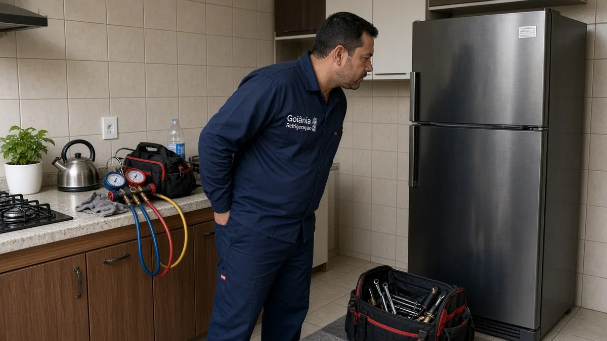 Técnico Goiânia Refrigeração: tecnico ouve geladeira com barulho em cozinha residencial brasileira, com luz natural realista e aparelho em funcionamento.