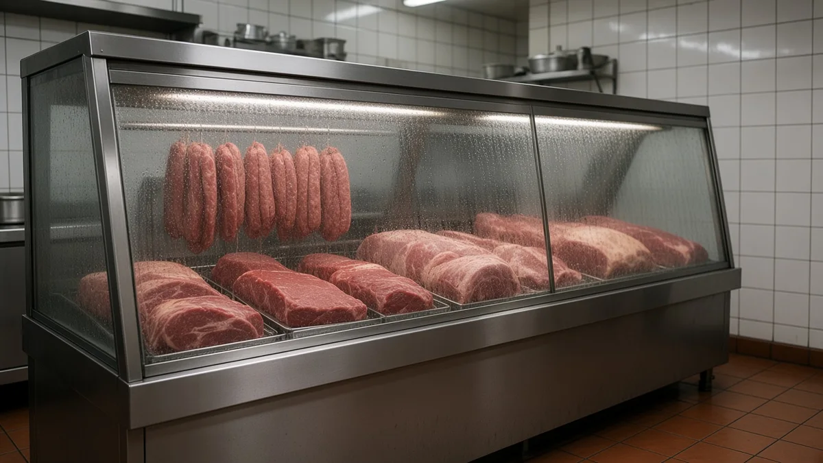 Balcão refrigerado de vitrine em açougue brasileiro com vidro embaçado por condensação, carnes e linguiças na prateleira sob iluminação comercial interna.