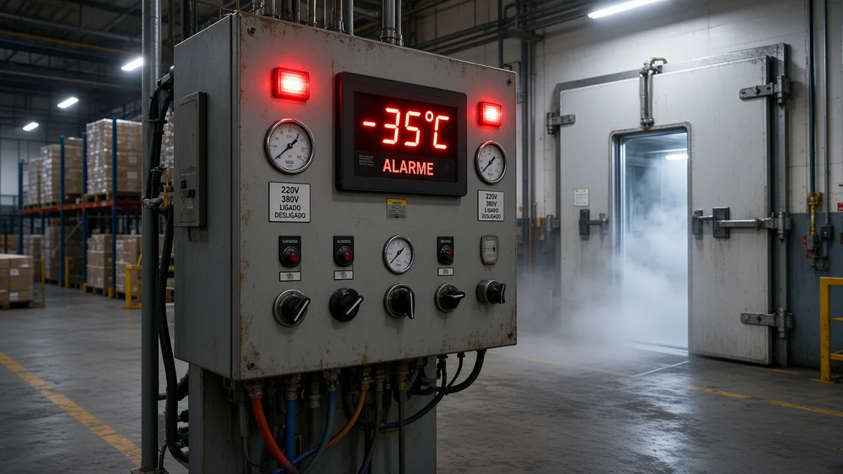 Painel de controle industrial de câmara fria com display em alarme vermelho, manômetros e porta isolada aberta liberando névoa gelada no galpão.