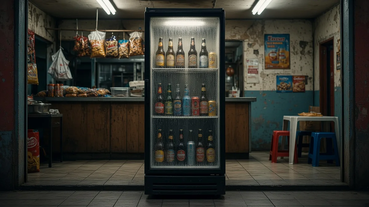 Expositor de bebidas com porta de vidro embaçada em bar brasileiro, garrafas de cerveja nas prateleiras e luz interna sob lâmpadas fluorescentes do salão.