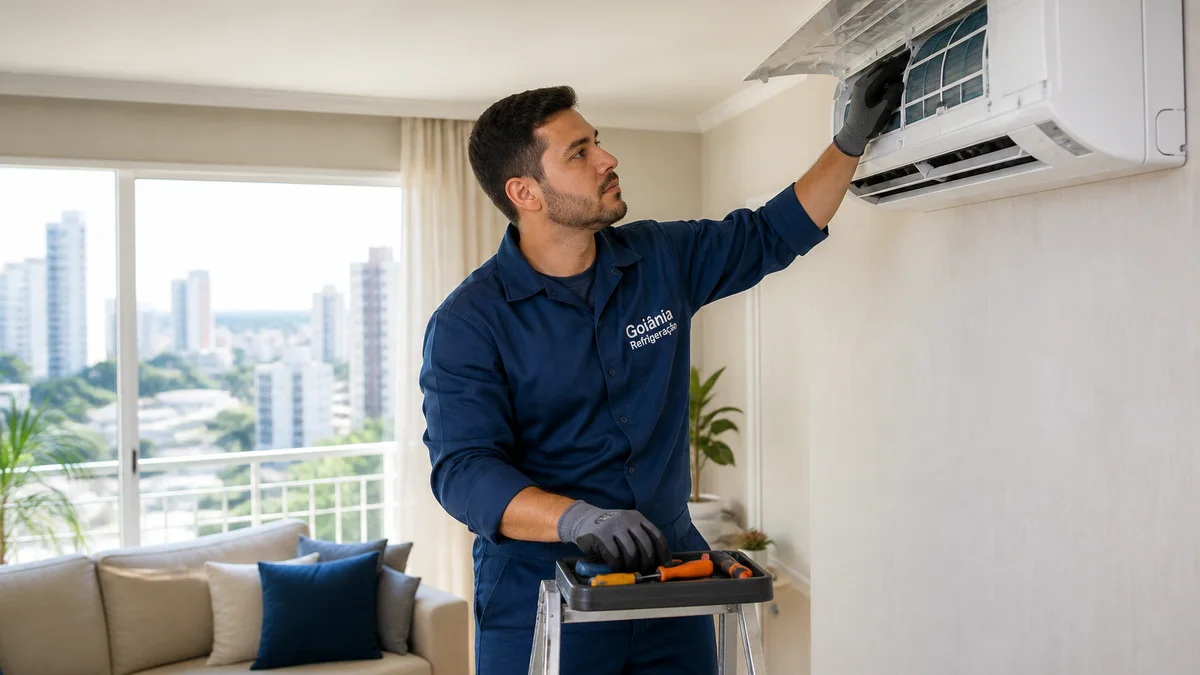 Técnico de uniforme realiza manutenção preventiva em ar-condicionado split numa sala ensolarada em Goiânia, revisando filtros e componentes antes do verão.