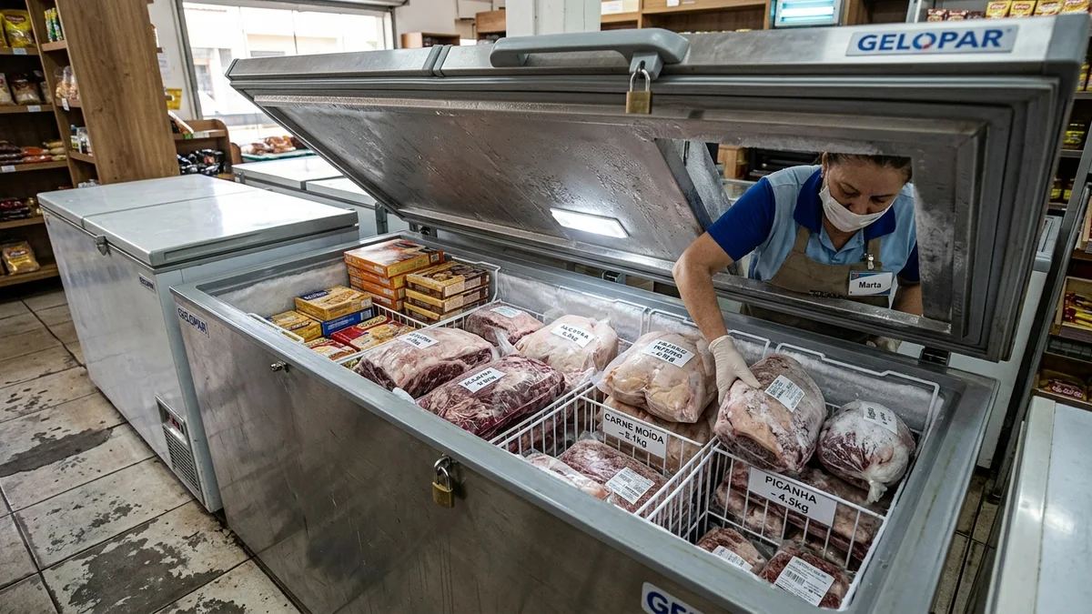 Caixa registradora e organizadora operando um freezer horizontal branco carregado de carnes prontas no meio do salão comercial.