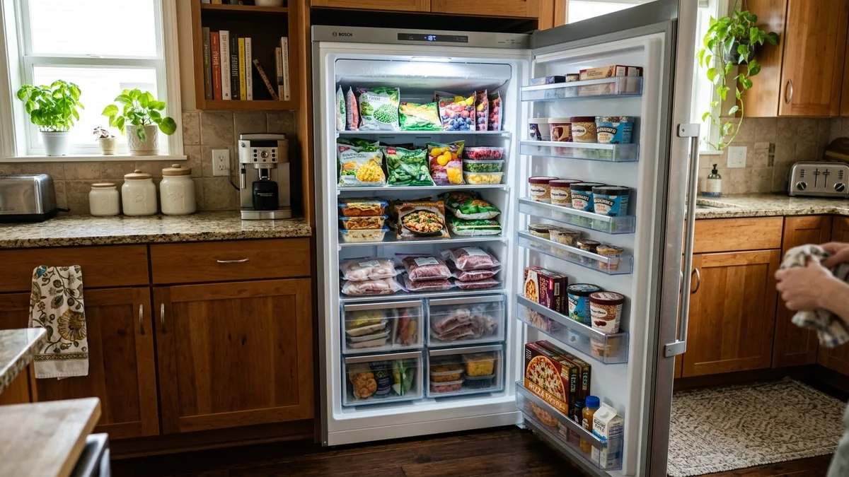Mulher jovem organizando alimentos dentro de um freezer vertical grande e iluminado, localizado no canto de uma cozinha moderna e espaçosa