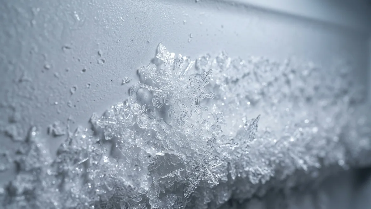 Visualização macro de cristais de gelo naturais se aglomerando de forma cristalina na lateral interna de um congelador defrost.