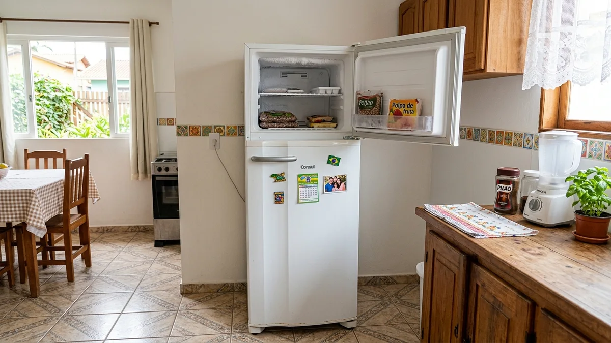 Geladeira clássica na cor branca, modelo defrost, ambientada em uma cozinha ensolarada de estilo brasileiro, exibindo o interior com organização