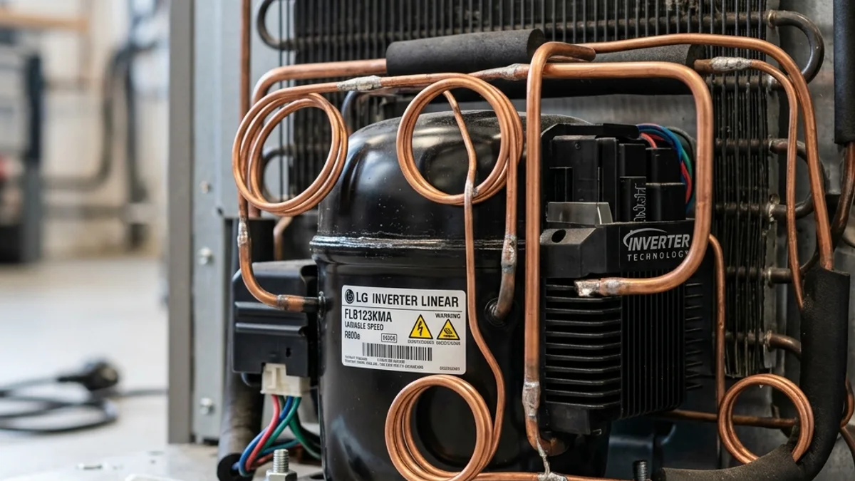 Detalhes técnicos da parte traseira exibindo a tubulação de cobre e o robusto compressor eletrônico de uma geladeira moderna no modelo inverter.