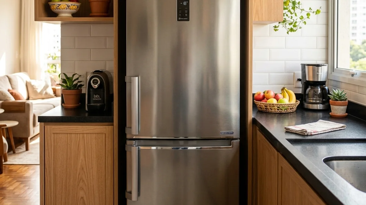 Geladeira moderna de aço inox com tecnologia inverter instalada em uma cozinha iluminada de apartamento brasileiro, transmitindo eficiência