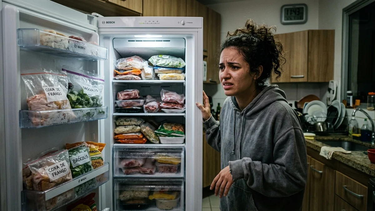 Mulher frustrada olhando para alimentos derretendo dentro de um freezer vertical com a porta aberta.