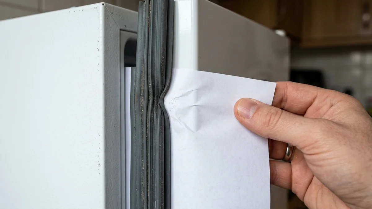 Pessoa forçando e dobrando a extremidade de uma folha fina de papel branco presa duramente entre a guarnição magnética amassada da tampa e a chaparia de aço fria do móvel.