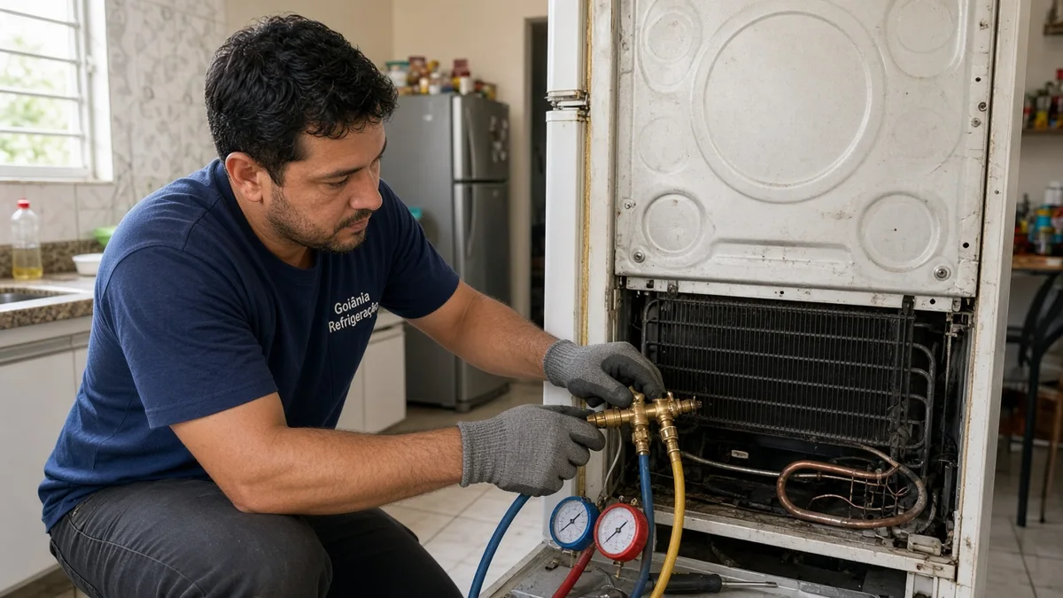 Close de causas comuns quando a geladeira não gela (e o freezer não congela): mãos ou técnico em residência brasileira, ferramentas e materiais de.