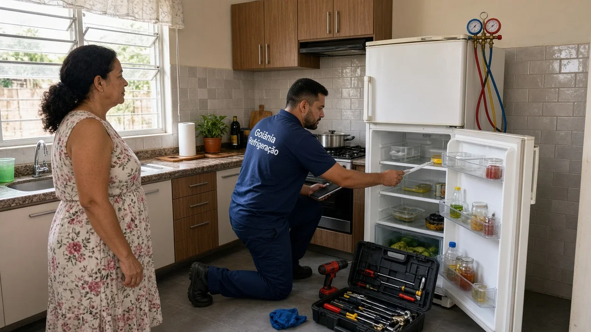 Técnico em uniforme de serviço atende entendendo o problema em cozinha residencial brasileira, ferramentas e equipamento à vista, luz natural de janela.