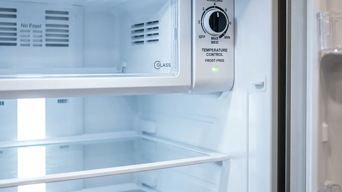 Visão detalhada do painel de controle interno com seletor giratório de temperatura em uma geladeira moderna e iluminada com prateleiras vazias.