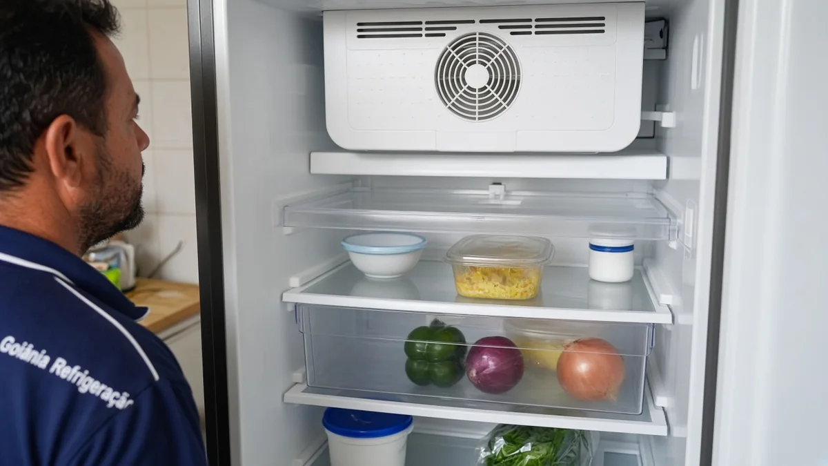 Detalhe de evaporador e prateleiras internas da geladeira aberta, em residência brasileira, com técnico Goiânia Refrigeração, materiais e ferramentas ao lado.
