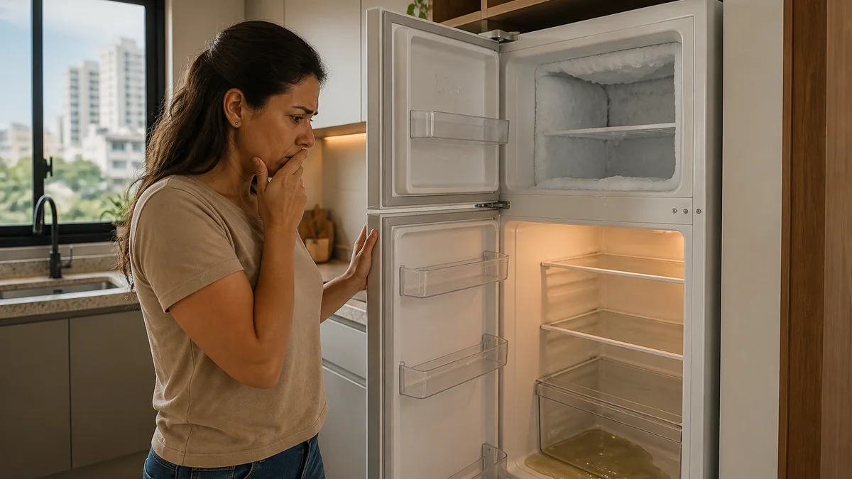 Mulher abre geladeira em cozinha brasileira e observa água acumulada no fundo do refrigerador e gelo excessivo no freezer, sinal de conserto em Goiânia.