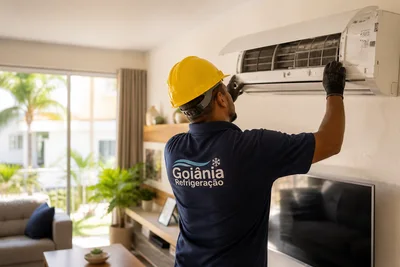 Profissional de refrigeração com capacete e uniforme Goiânia Refrigeração instala ar-condicionado split em sala residencial brasileira ensolarada.