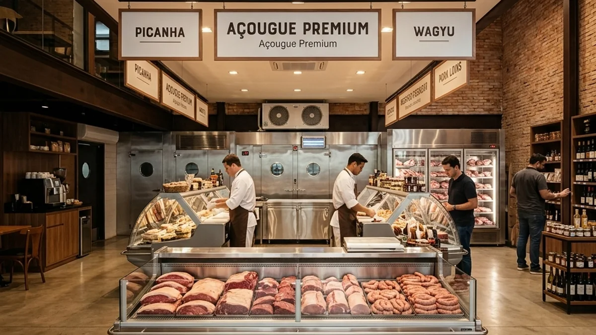 Açougues. Interior de um açougue e casa de carnes moderna no Brasil com balcões frigoríficos e área de atendimento limpa