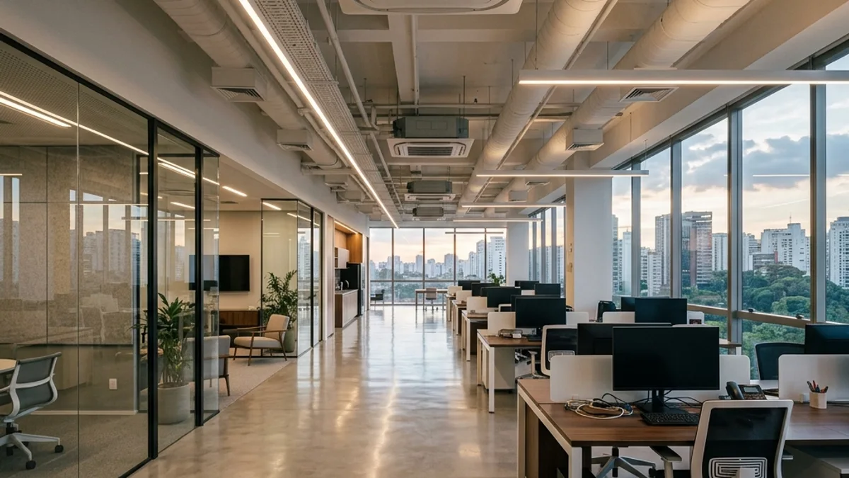 Ambientes comerciais. Interior de um amplo ambiente comercial e corporativo moderno no Brasil, destacando o escritório elegante e ar-condicionado ideal para o conforto das equipes