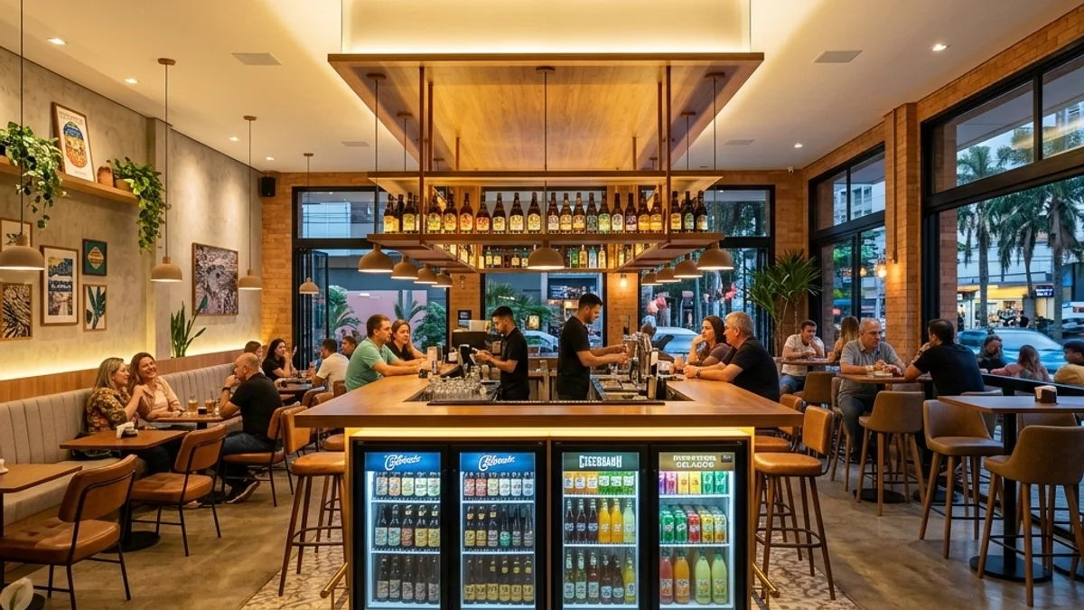 Bares. Interior de um bar moderno e elegante no Brasil, destacando um balcão bem iluminado e expositores refrigerados de bebidas