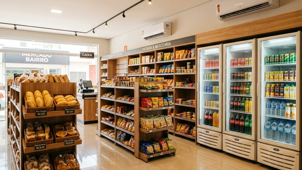 Pequenos comércios. Interior de um pequeno comércio local bem estruturado no Brasil, com prateleiras organizadas e atendimento ao cliente