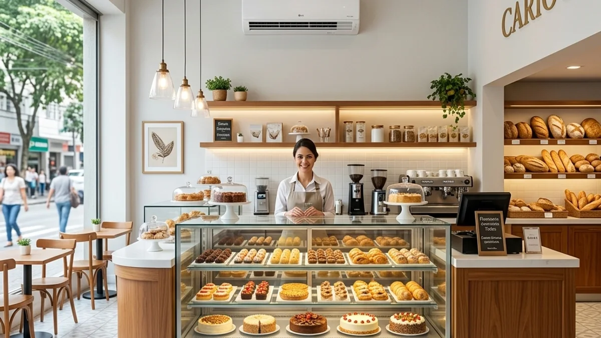 Confeitarias. Interior de uma confeitaria elegante no Brasil, com vitrines refrigeradas repletas de doces para os clientes