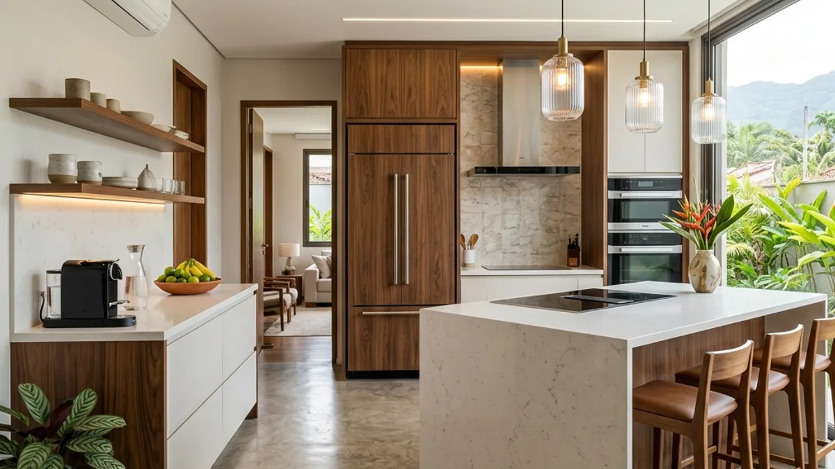 Cozinhas residenciais. Interior de uma cozinha residencial moderna e de alto padrão no Brasil, com eletrodomésticos de refrigeração em evidência