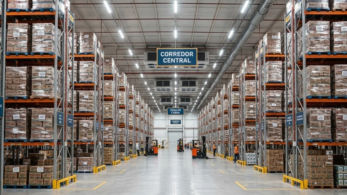 Distribuidoras. Interior de um amplo galpão de distribuidora no Brasil, mostrando prateleiras organizadas e área de armazenagem refrigerada