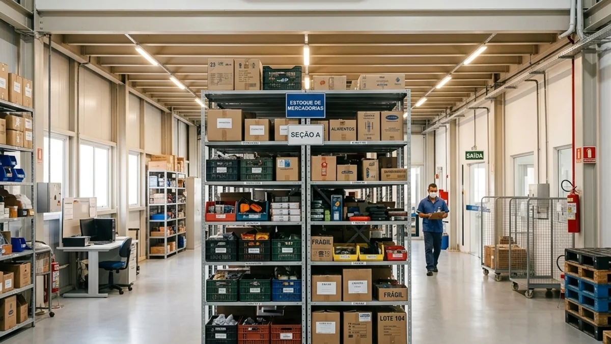 Operações com estoque. Interior de um estoque comercial organizado no Brasil, mostrando prateleiras repletas de mercadorias e área de frio