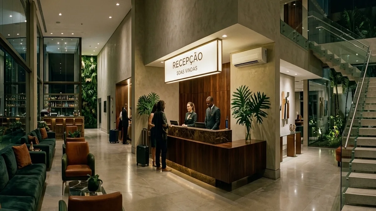 Hotéis e hospedagens. Lobby elegante de um hotel moderno no Brasil, com amplo espaço de recepção bem iluminado para os hóspedes