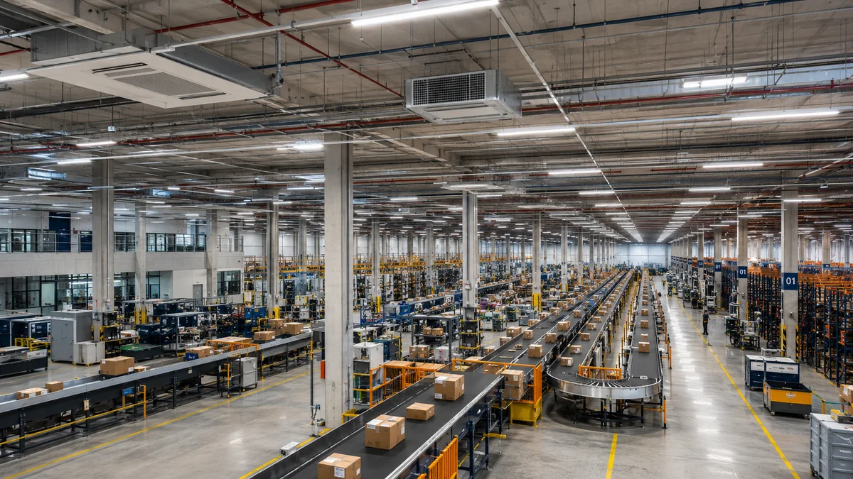 Logística e estoque. Interior de um moderno centro de logística no Brasil, mostrando esteiras, pacotes organizados e armazenagem com controle de temperatura